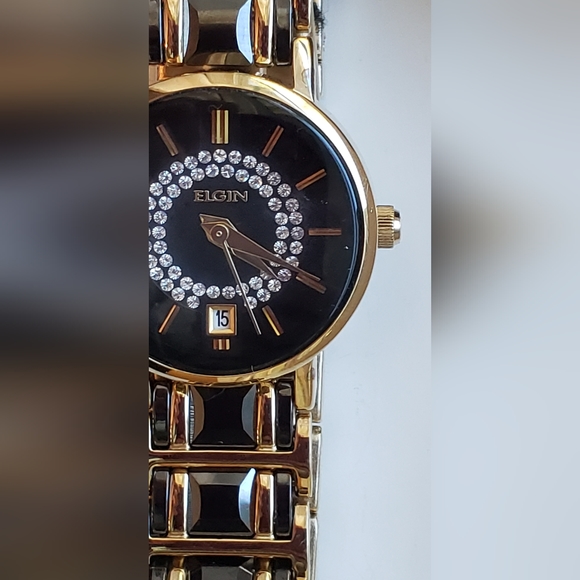 Elgin Women's EG353 Gold-Tone Black Ceramic Crystal Accented Watch. NWT. - Picture 11 of 13